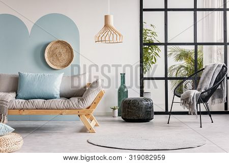 Open Plan Bedroom Interior With Partition Wall With Mullions And Mint Lamp On Nightstand Table Next 