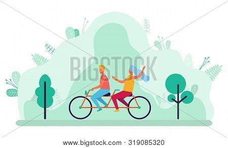 Young Couple Riding Double Bicycle In Park. People On Tandem Bike. Man And Woman Cycling Together, O