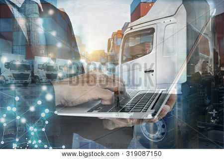 Multiple Exposure Of Technology, Business Truck Management Transortation Logistics.