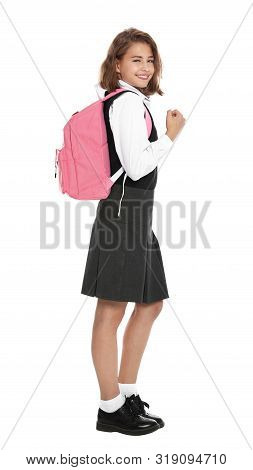 Happy Girl In School Uniform On White Background