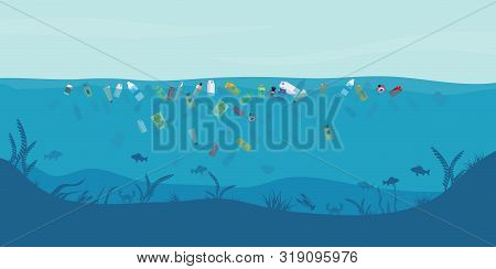 Garbage Floating In The Water.water Pollution Environment Conceptual Vector Illustration.