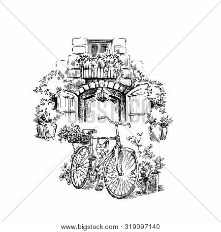 Hand Made Sketch Of Old Street. Line Art Vintage Style Illustration.