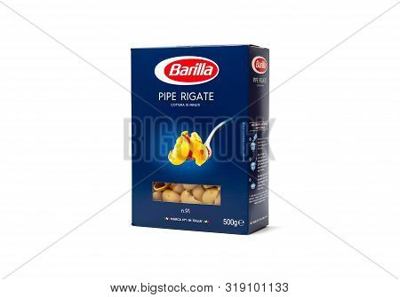 Chisinau, Moldova - August 20, 2019: Barilla Pipe Rigate, Italian Pasta In A Box Isolated On White B