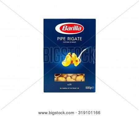 Chisinau, Moldova - August 20, 2019: Barilla Pipe Rigate, Italian Pasta In A Box Isolated On White B