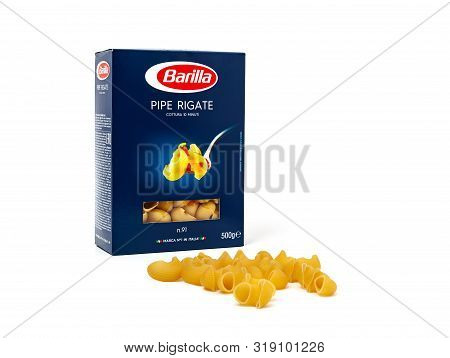 Chisinau, Moldova - August 20, 2019: Barilla Pipe Rigate, Italian Pasta In A Box Isolated On White B