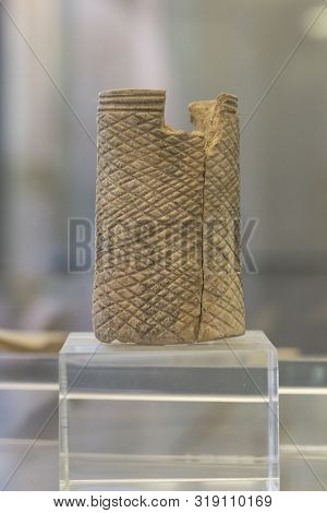 Badajoz, Spain - Nov 21th, 2017: Engraved Bone From Chalcolithic Period. Archeological Museum Of Bad