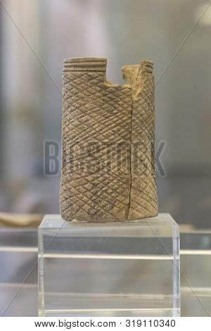 Badajoz, Spain - Nov 21th, 2017: Engraved Bone From Chalcolithic Period. Archeological Museum Of Bad