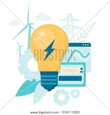 Vector Illustration Alternative Renewable Energy. Smart Energy Consumption. Maintenance Wind Turbine