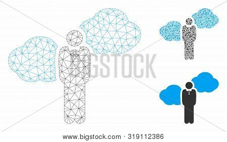 Mesh Cloud Startupper Person Model With Triangle Mosaic Icon. Wire Carcass Polygonal Mesh Of Cloud S
