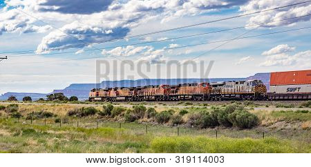 Freight  Bnsf Train, Canyon De Chelly Area, Sunny Spring Day In Chinle, Arizona, Usa.
