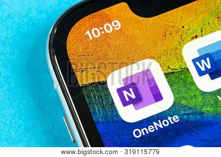 Helsinki, Finland, May 4, 2019: Microsoft Onenote Office Application Icon On Apple Iphone X Screen C