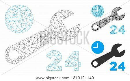 Mesh Nonstop Service Hours Model With Triangle Mosaic Icon. Wire Frame Triangular Mesh Of Nonstop Se