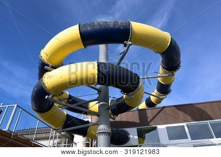 Water Slide From The Outside In The Adventure Bath In Buesum, Famous Tourist Resort At The North Sea