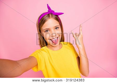 Self-portrait Of Her She Nice Attractive Lovely Crazy Cheerful Cheery Pre-teen Girl Wearing Yellow T