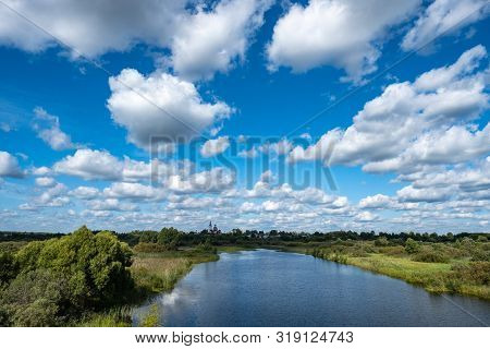 Summer Rural Landscape With The Lukh River In The Village Of Myt, Russia.