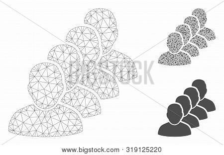 Mesh People Queue Model With Triangle Mosaic Icon. Wire Frame Triangular Mesh Of People Queue. Vecto