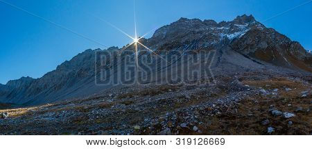Rising Sun And Erzhorn Mountain Summit Near Arosa, Switzerland