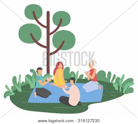 Man And Woman Playing Cards On Mat, Relaxing Near Tree, People Gambling Outdoor, Friends Characters 