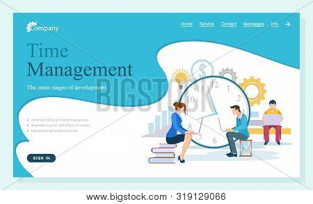 People Working With Projects In Time Vector, Man And Woman With Laptops And Data. Lady Sitting On Bo