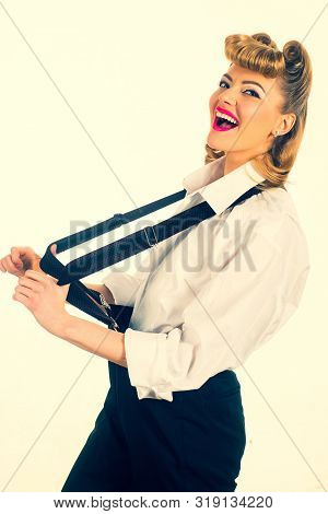 Suspenders. Business Style For Woman. Happy Business Lady. Emotions Of Success. Young Girl In The Of