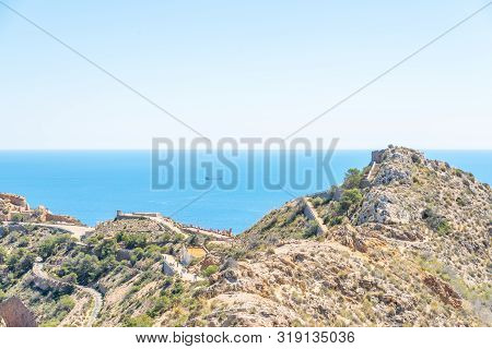 Battery Castillitos, Spain - April 13, 2019 Abandoned Military Constructions Located In The Hills Ne