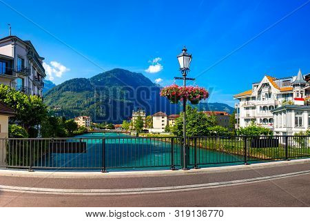 Old City And Aare River, Interlaken, Important Tourist Center In The Bernese Highlands, Switzerland