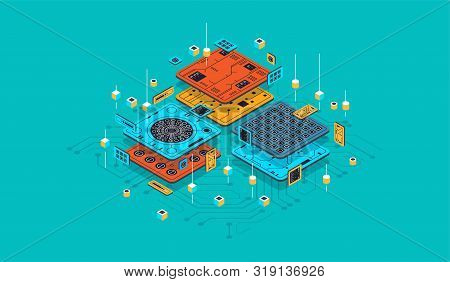 Isometric Design Concept Virtual Reality And Augmented Reality. Software Development And Programming