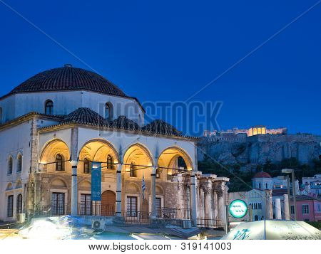Athens, Greece - July 19, 2019  Tzistarakis Mosque Functioning As Museum Of Greek Folk Art And Illum