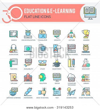 Set Of Filled Outline Multicolor Icons On Following Themes - Education, Science, Online Training And