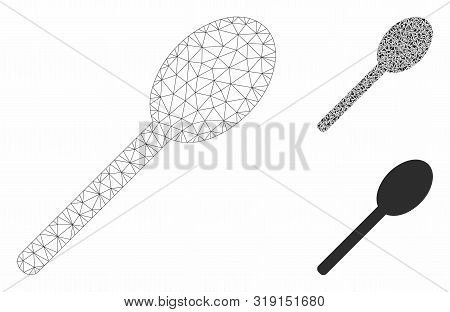 Mesh Spoon Model With Triangle Mosaic Icon. Wire Frame Polygonal Network Of Spoon. Vector Mosaic Of 
