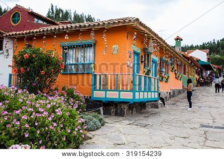 Duitama, Colombia - August, 2019: Tourists Visiting The Beautiful Touristic Place Called Pueblito Bo