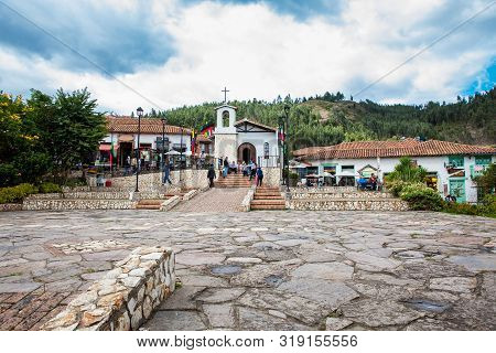 Duitama, Colombia - August, 2019: Tourists Visiting The Beautiful Touristic Place Called Pueblito Bo