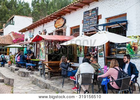 Duitama, Colombia - August, 2019: Tourists Visiting The Beautiful Touristic Place Called Pueblito Bo