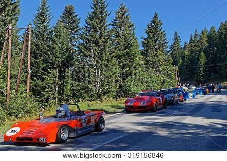 Chamrousse, France, August 25, 2019 : Historic Racing Cars Drive To The Start Of Uphill Race, Counti