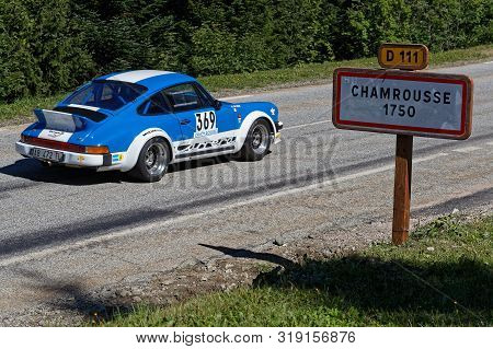 Chamrousse, France, August 25, 2019 : Racing Car Enters The Mountain Resort Of Chamrousse During The