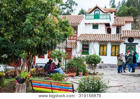 Duitama, Colombia - August, 2019: Tourists Visiting The Beautiful Touristic Place Called Pueblito Bo