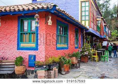 Duitama, Colombia - August, 2019: Tourists Visiting The Beautiful Touristic Place Called Pueblito Bo