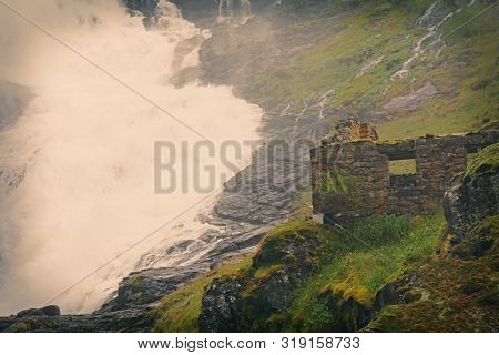 Kjosfossen Waterfall. One Of Norway's Largest Waterfalls