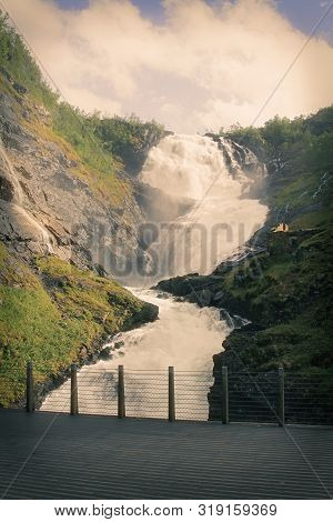 Kjosfossen Waterfall. One Of Norway's Largest Waterfalls