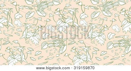 Modern Exotic Jungle Leaf Pattern. Scattered Botanical Leaf, Line Art Doodle Style, In Pastel Green 