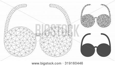 Mesh Sun Glasses Model With Triangle Mosaic Icon. Wire Carcass Triangular Mesh Of Sun Glasses. Vecto