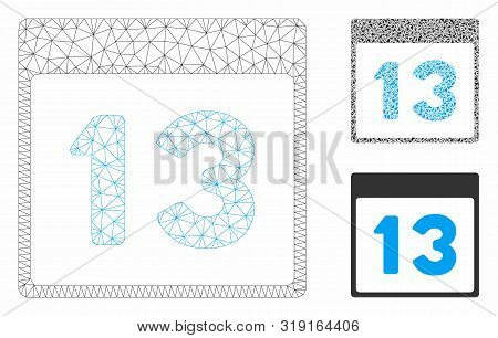Mesh Thirteenth Calendar Page Model With Triangle Mosaic Icon. Wire Carcass Triangular Network Of Th