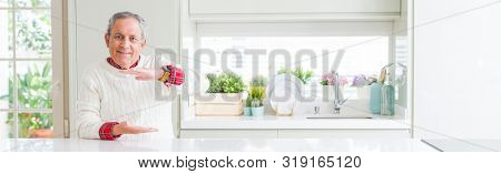 Wide angle perspective of handsome senior man at home gesturing with hands showing big and large size sign, measure symbol. Smiling looking at the camera. Measuring concept.