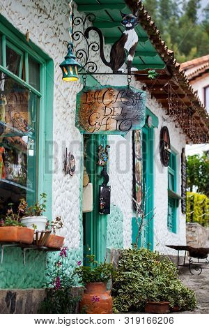 Duitama, Colombia - August, 2019: Beautiful Facades Of The Houses At The Touristic Place Called Pueb