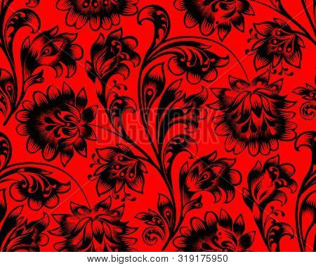 Floral Seamless Pattern. Flower Ornament. Ornamental Flourish Background In Traditional Folk Russian