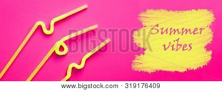 Yellow Plastic Cocktail Tubes With A Flexible Part, Due To Which They Can Be Twisted Into A Knot Or 