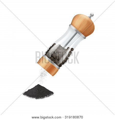 Realistic 3d Detailed Glass Pepper Mill With Peppercorns Isolated On A White Background. Vector Illu
