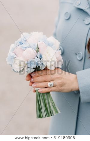 Bouquet Of Buds Of Pioneer, Blue Hortension In The Hands Of A Girl.