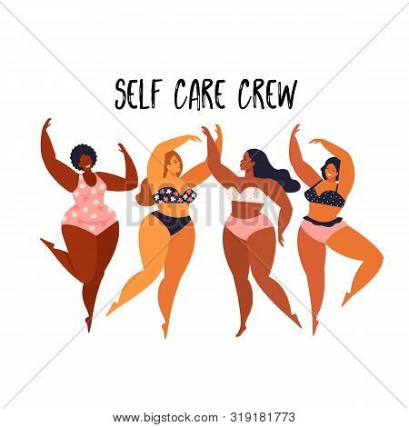 Multiracial Women Of Different Height, Figure Type And Size Dressed In Swimsuits Standing In Row. Fe
