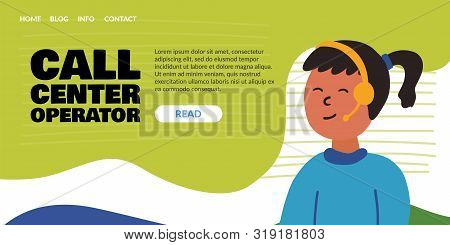Informational Banner Written Call Center Operator. Joyful And Happy Woman. Young Office Worker Consu